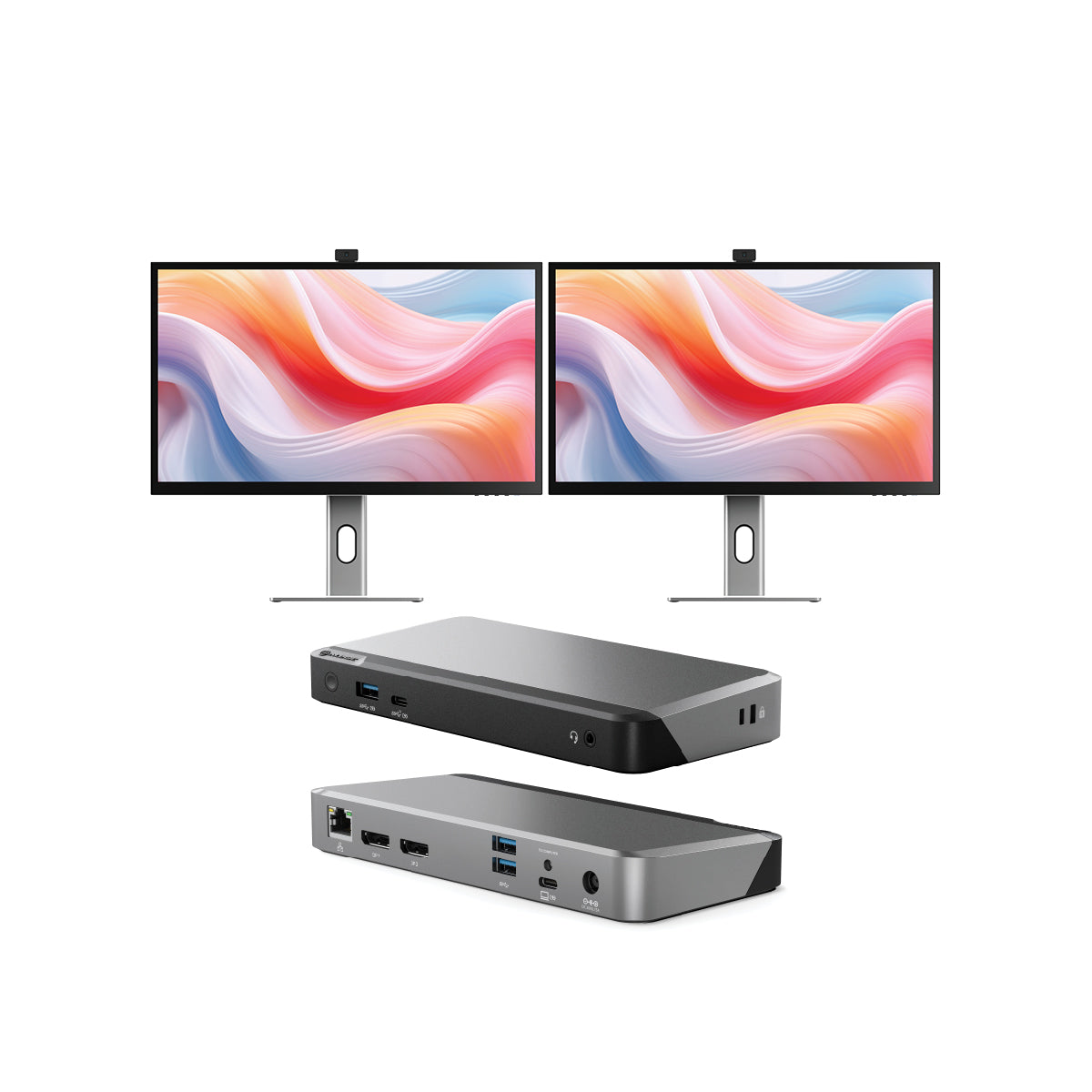 Clarity Pro 27" UHD 4K Monitor with 65W PD and Webcam (Pack of 2) + DX2 Dual 4K Display Universal Docking Station with 65W Power Delivery