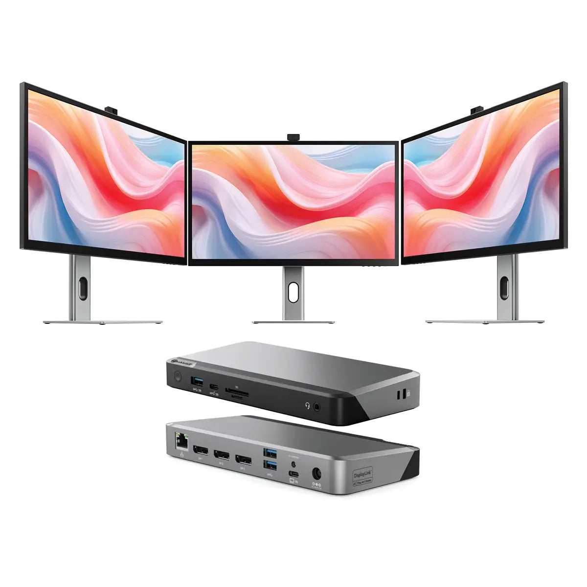 Clarity Pro 27" UHD 4K Monitor with 65W PD and Webcam (Pack of 3) + DX3 Triple 4K Display Universal Docking Station with 100W Power Delivery