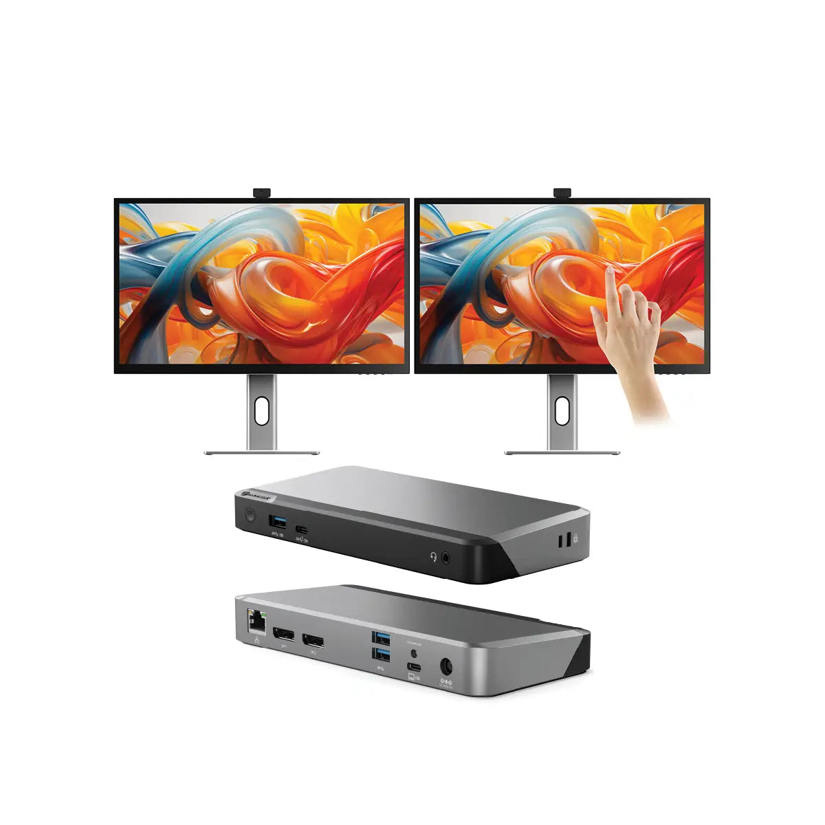 Clarity Pro Touch 27" UHD 4K Monitor with 65W PD, Webcam and Touchscreen (Pack of 2) + DX2 Dual 4K Display Universal Docking Station with 65W Power Delivery