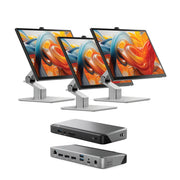 Clarity Fold Touch 27 インチ 4K UHD モニター、65W 電力供給、ウェブカメラ、タッチスクリーン、折りたたみスタンド (3 個パック) + DX3 トリプル 4K ディスプレイ ユニバーサル ドッキング ステーション - 100W 電力供給付き