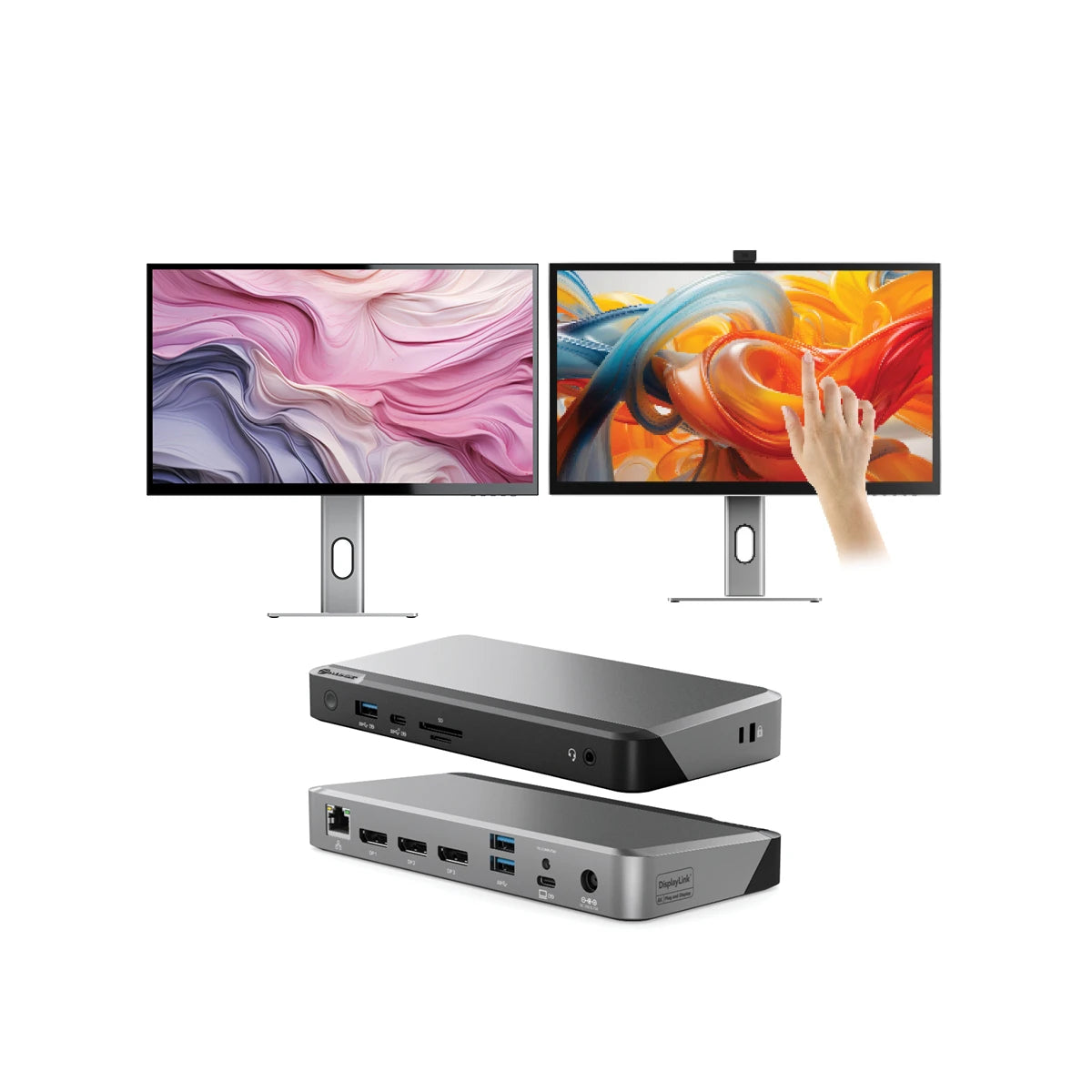 CLARITY 27" UHD 4K Monitor + Clarity Pro Touch 27" UHD 4K Monitor with 65W PD, Webcam and Touchscreen (Pack of 2) + DX3 Triple 4K Display Universal Docking Station "“ with 100W Power Delivery