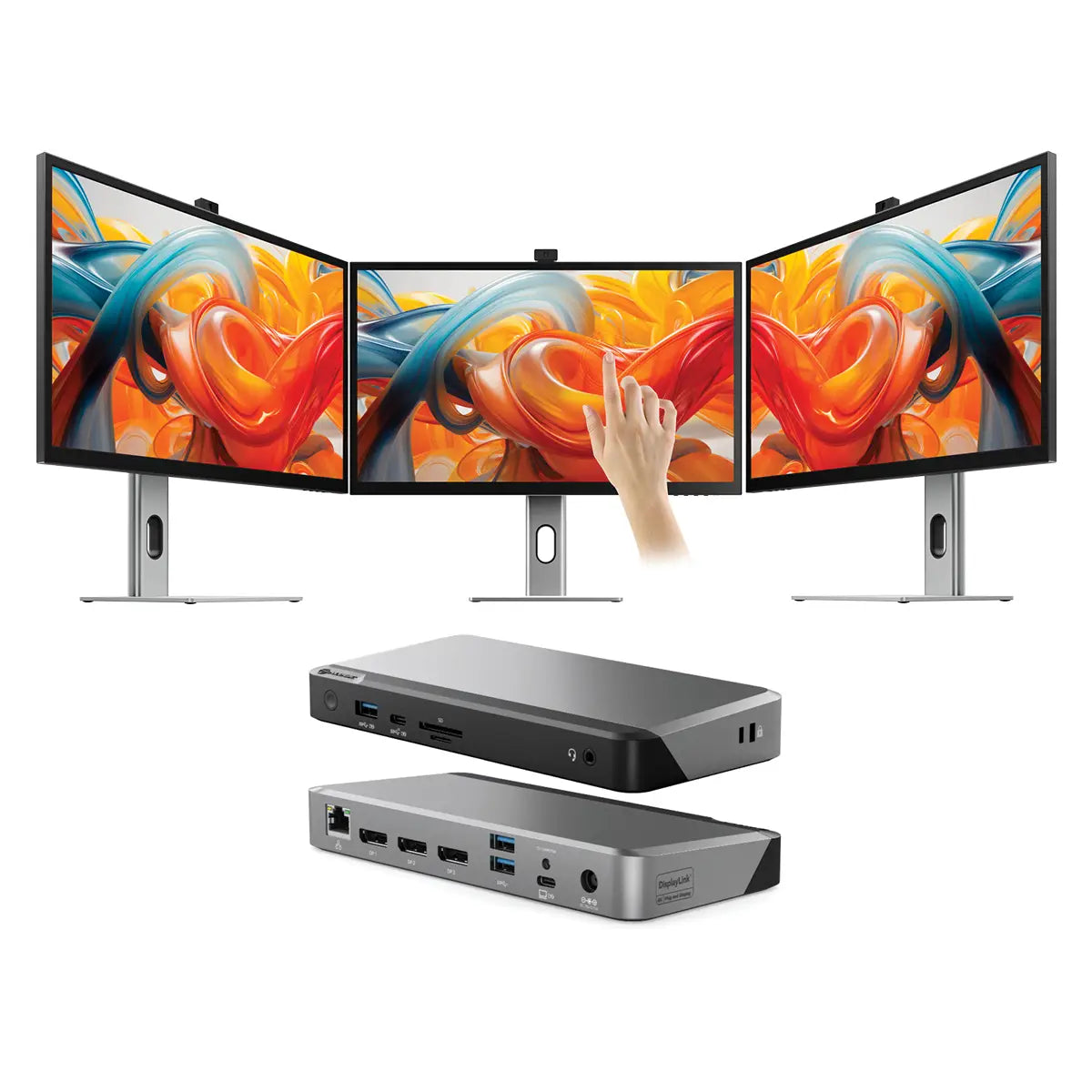 Clarity Pro Touch 27" UHD 4K Monitor with 65W PD, Webcam and Touchscreen (Pack of 3) + DX3 Triple 4K Display Universal Docking Station with 100W Power Delivery